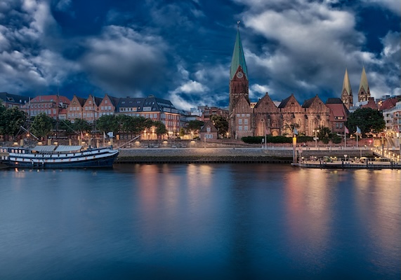 City Municipality of Bremen in the evening on the bank of the Weser river